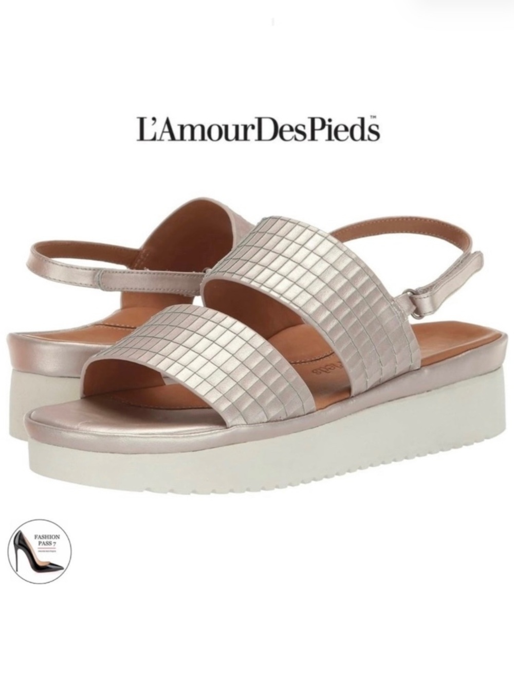 L'Amour Des Pieds Abruzzo Silver Pearl Leather Slingback Platform Sandals 7